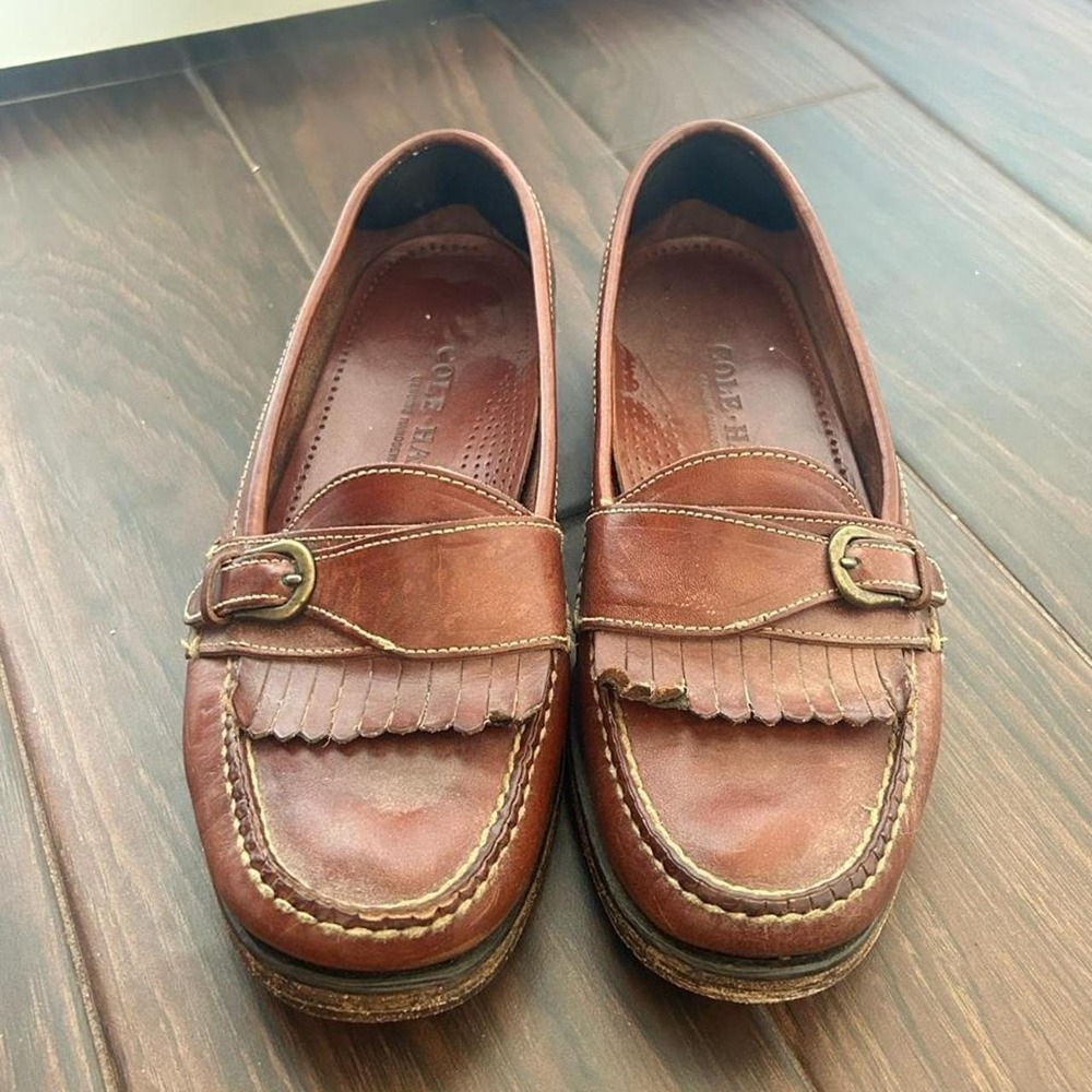 Men's vintage brown leather Cole Haan kiltie monk buckle loafers  size 9.5D